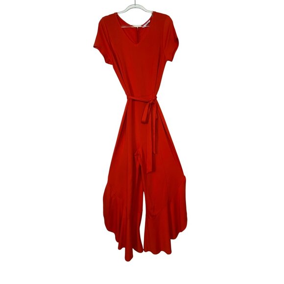 Isaac Mizrahi Live Ruffle Orange Belted Jumpsuit Short Sleeve Size Small Boho - Picture 1 of 4